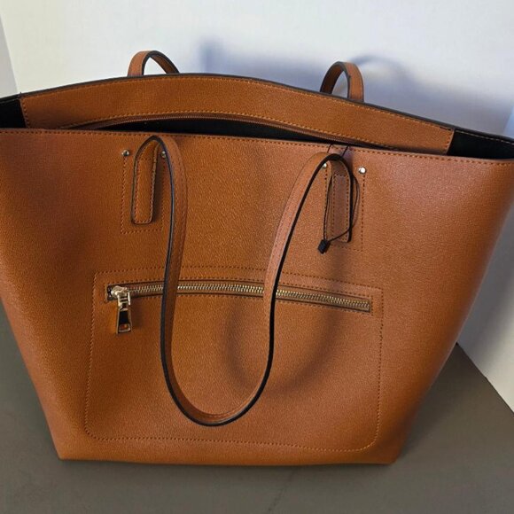 Tote Bag Faux Leather Large Size Caramel & Black NWOT Roomy Versatile - Picture 2 of 11